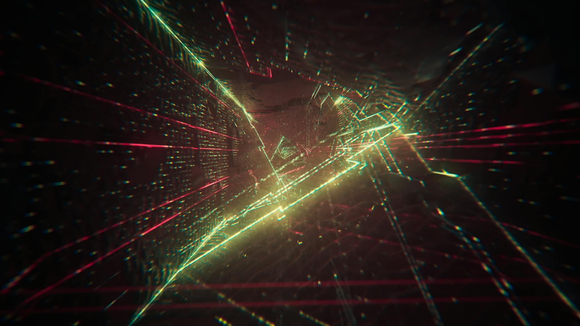 Abstract digital light trails network on deep dark background